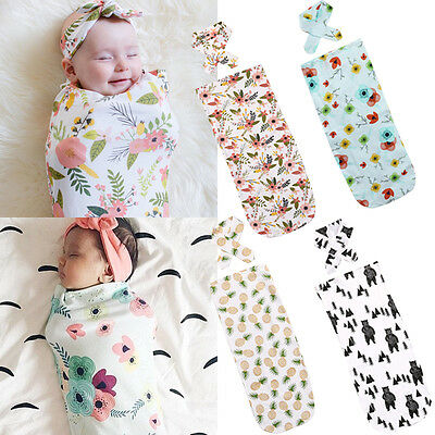 Emmababy 2Pcs/Set ! Newborn Fashion Baby Swaddle Blanket Baby Sleeping Swaddle Muslin Wrap Headband