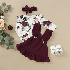 Newborn  Baby Girl Clothes Set Floral Bodysuit Romper Jumpsuit Tops T Shirt  Suspender Skirts Bow Headband Outfit