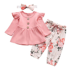 Newborn Baby Girl Clothes Set Solid Knitting Long Sleeve Tops Floral Print Pants Headband 3Pcs Outfits Casual Infant Clothing