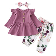 Newborn Baby Girl Clothes Set Solid Knitting Long Sleeve Tops Floral Print Pants Headband 3Pcs Outfits Casual Infant Clothing