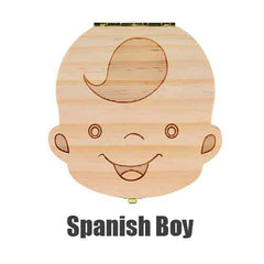 English Spanish Russia Text Baby Boy Girl Fallen Tooth Box Storage Natural Wood Case Save Milk Teeth Collection Organizer Holder